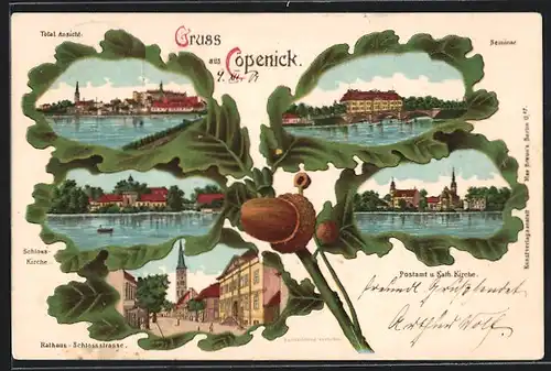 Passepartout-Lithographie Berlin-Cöpenick, Rathaus mit Schlossstrasse, Seminar, Totalansicht