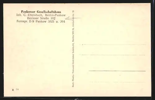 AK Berlin-Pankow, Gaststätte Pankower Gesellschaftshaus C. Ebersbach, Berliner Strasse 102, Innenansicht Saal