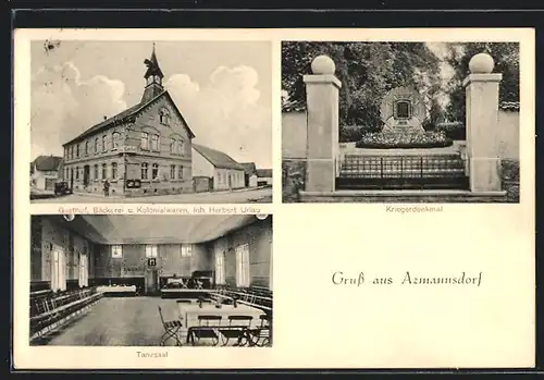 AK Azmannsdorf über Erfurt, Gasthof-Bäckerei H. Urlau mit Tanzsaal, Kriegerdenkmal