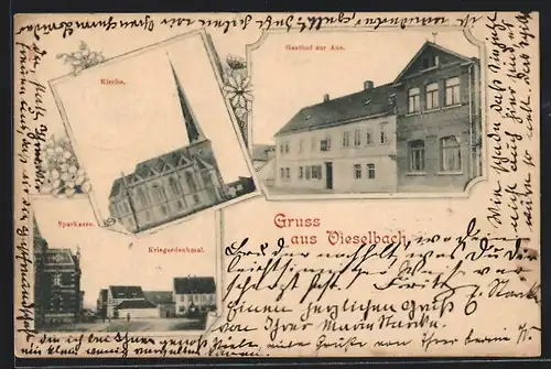 Passepartout-AK Vieselbach, Gasthof zur Aue, Ortspartie mit Sparkasse und Kriegerdenkmal
