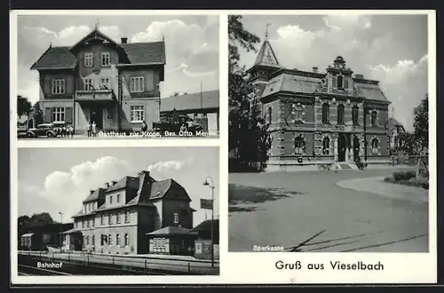 AK Vieselbach, Gasthaus zur Krone, Bahnhof, Sparkasse