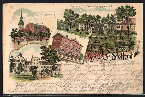 Lithographie Stotternheim, Bahnhof, Kurgarten des Soolbades Louisenhall, Kirchthurm u. Schule