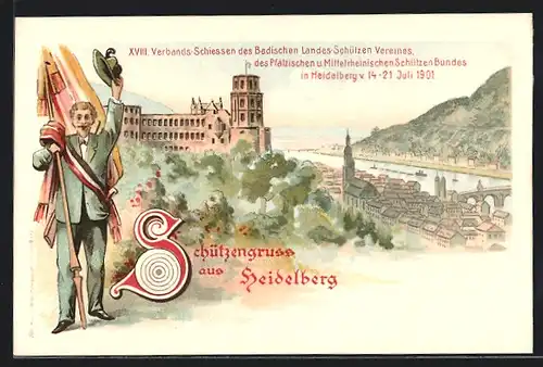 Lithographie Heidelberg, 18. Verbands-Schiessen 1901, Panorama der Stadt