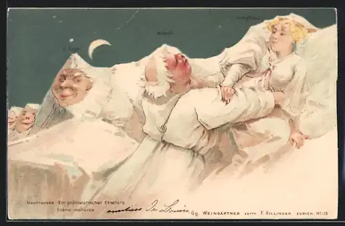 Künstler-AK Killinger Nr. 113: Mönch begehrt Jungfrau mit Eiger, Berg mit Gesicht / Berggesichter