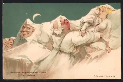 Lithographie Killinger Nr. 113, Berg mit Gesicht / Berggesichter, Nachtscene, Ein prähistorischer Ekkehard