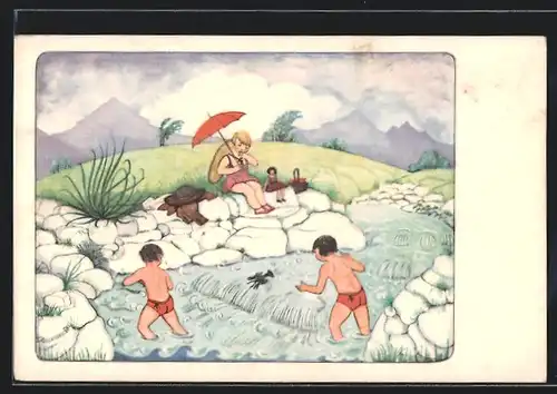 Künstler-AK Mela Köhler: Auf der Jagd nach Flusskrebsen