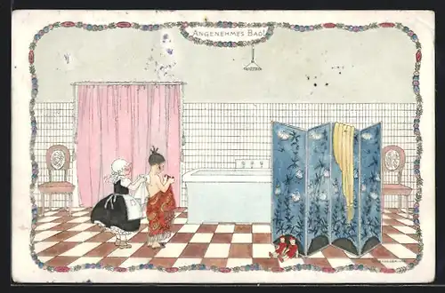 Künstler-AK Mela Köhler: Dienstmädchen hilft Fräulein beim Abtrocknen