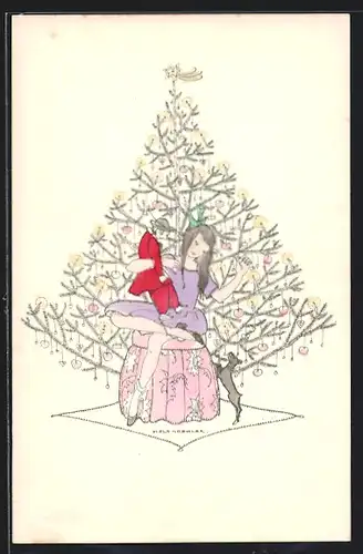 Künstler-AK Mela Köhler: Mädchen mit ihrer Puppe unterm Christbaum