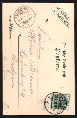 Lithographie Heidelberg, 18. Verbandsschiessen 1901, Hübsches Mädchen entbietet den Schützengruss