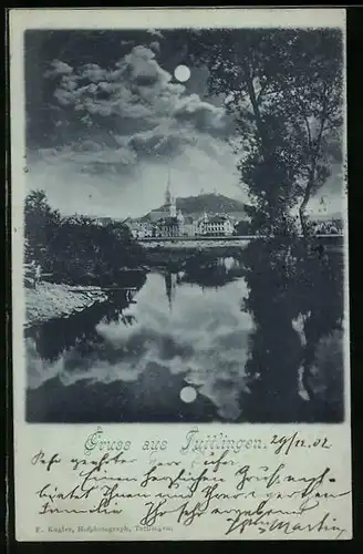 Mondschein-AK Tuttlingen, Panorama mit Kirche