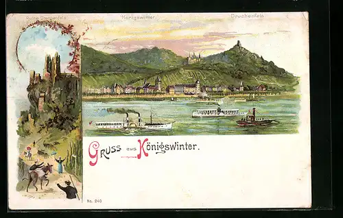 Lithographie Königswinter, Panoramaansicht der Stadt mit Drachenfels, die Ruine Drachenfels