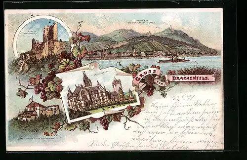 Lithographie Königswinter, Drachenburg und Ruine Drachenfels
