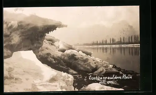 Foto-AK Philippsburg / Rhein, zugefrorener Rhein 1929, Eisabgang