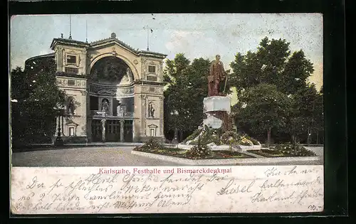 Relief-AK Karlsruhe, Festhalle und Bismarckdenkmal