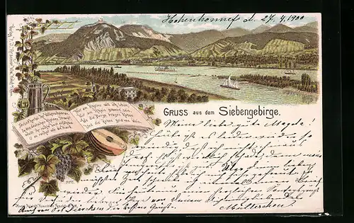 Lithographie Hohenhonnef / Siebengebirge, Totalansicht