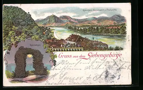 Lithographie Drachenfels, Blick auf Rolandseck und Nonnenwerth, Rolandsbogen