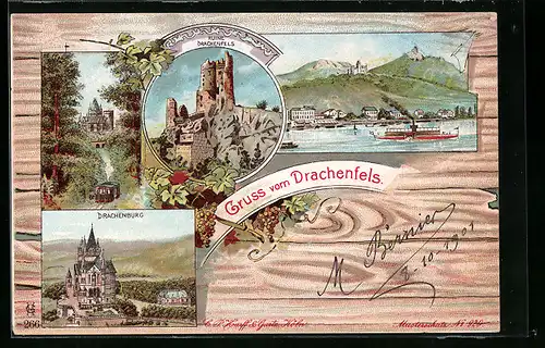 AK Gruss vom Drachenfels, Ruine Drachenfels, Drachenburg, Blick über den Rhein zur Ruine