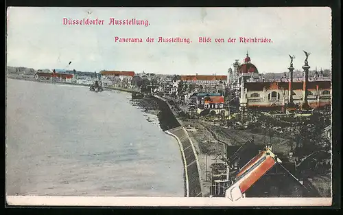 AK Düsseldorf, Ausstellung, Panorama von der Rheinbrücke aus gesehen