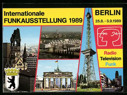 AK Berlin, Internationale Funkausstellung 1989, Funkturm, Brandenburger Tor, Stadtwappen