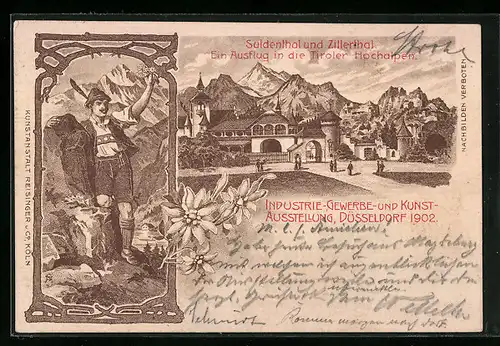 AK Düsseldorf, Industrie-Gewerbe-und Kunst-Ausstellung 1902, Blick auf die Hochalpen und Portrait eines Jägers