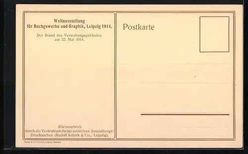 AK Leipzig, Weltausstellung für Buchgewerbe und Graphik 1914, Brand des Verwaltungsgebäudes 1914