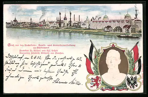 Präge-AK Düsseldorf, Industrie-, Kunst- und Gewerbeausstellung, Messegelände, Kronprinz Friedrich Wilhelm v. Preussen