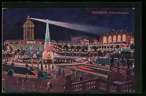 AK Mannheim, Jubiläums-Ausstellung 1907, Friedrichsplatz während der grossen Beleuchtung