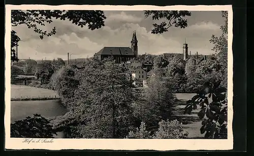 AK Hof a. d. Saale, Ortspartie mit Kirche