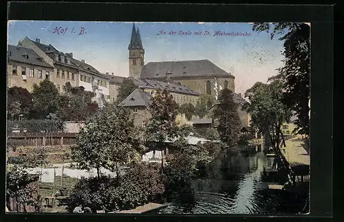 AK Hof i. Bayern, An der Saale mit St. Michaeliskirche