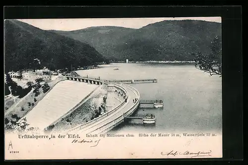 AK Urfttalsperre /Eifel, Talsperre, Höhe der Mauer 58 m, Wassertiefe 52 m