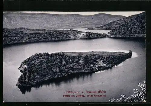 AK Gemünd /Eifel, Die Urfttalsperre, Partie zum Urftsee, Insel Krumenaul