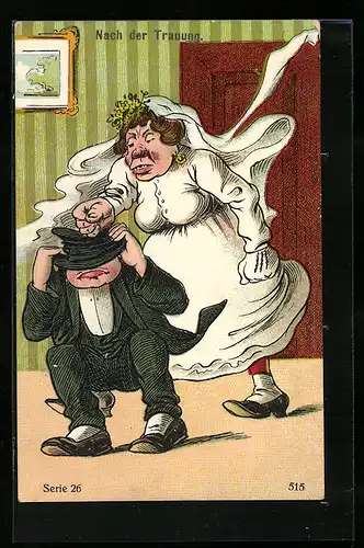 AK Nach der Trauung, Braut vermöbelt ihren Ehemann, frauenfeindlicher Humor