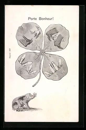 Künstler-AK Porte Bonheur!, 4 Schritte zum Schlafzimmer in einem Kleeblatt, erotischer Humor