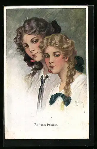 Künstler-AK Ruab Gnischaf: Reif zum Pflücken, Zwei Frauen mit Kirschen im Mund