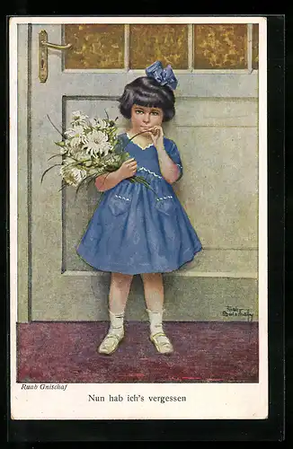 Künstler-AK Ruab Gnischaf: Kleines Mädchen mit einem Blumenstrauss