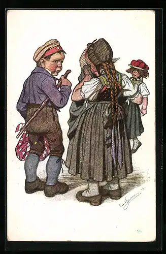 Künstler-AK Emil Beithan: Mädchen in Tracht weint zum Abschied von einem Jungen
