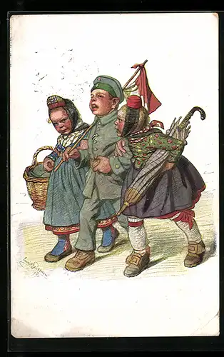 Künstler-AK Emil Beithan: Junge in Uniform wird von zwei Mädchen in Trachten begleitet