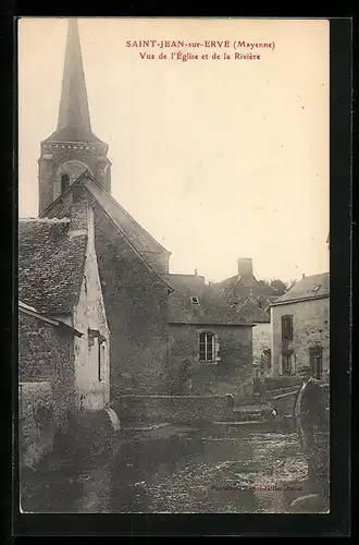 AK Saint-Jean-sur-Erve, Vue de l`Église et de la Rivière
