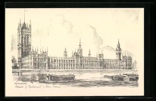 Künstler-AK London, Houses of Parliament, River Thames