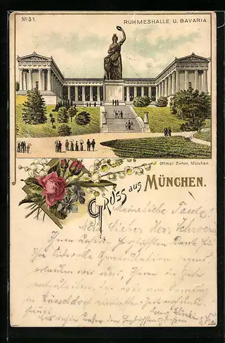 Lithographie München, Ruhmeshalle und Bavaria