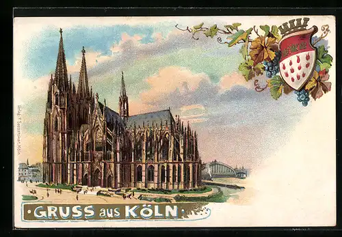 Lithographie Köln, Gesamtansicht vom Dom, Stadtwappen