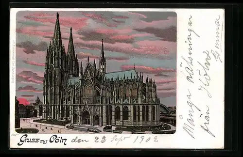 Lithographie Köln, Dom bei Sonnenuntergang