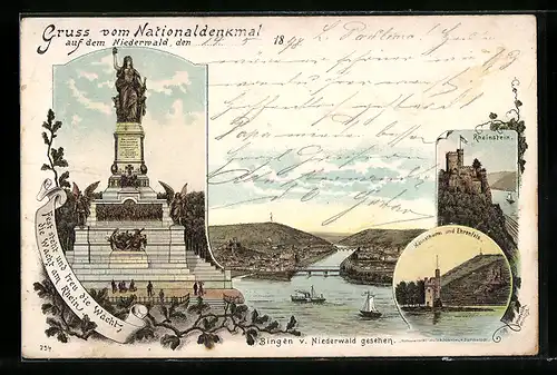 Lithographie Bingen, Nationaldenkmal auf dem Niederwald, Mäuseturm und Ehrenfels, Rheinstein