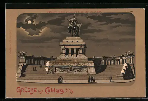 Mondschein-Lithographie Koblenz a. Rh., Denkmal Kaiser Wilhelms I. am Deutschen Eck