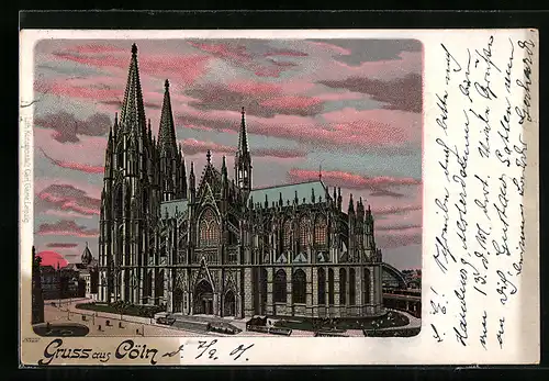 Lithographie Köln, Dom bei Sonnenuntergang