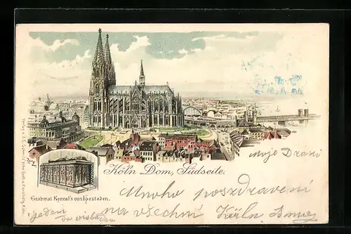 Lithographie Köln, Dom von der Südseite, Grabmal Konrad`s von Hostaden