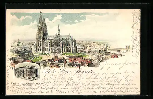 Lithographie Köln, Dom von der Südseite, Grabmal Konrad`s von Hostaden