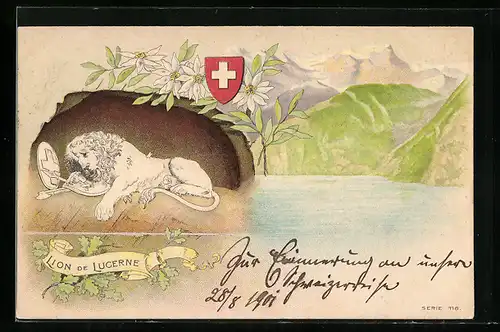 Lithographie Luzern, Löwendenkmal, Schweizer Wappen