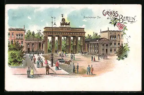 Lithographie Berlin, Passanten vor dem Brandenburger Tor