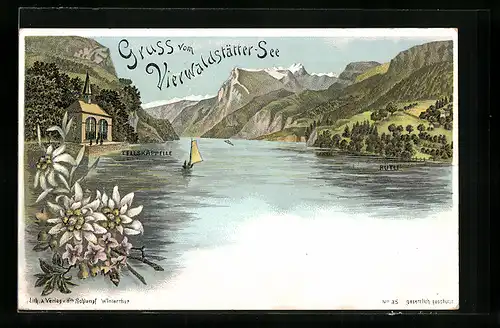 Lithographie Sisikon, Tellskappelle am Vierwaldstätter See